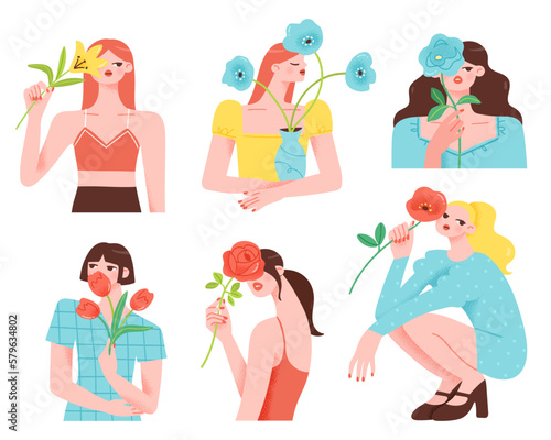 Set of girls holding flowers. Vector illustration of young women covering their faces with blooming flowers. Isolated elements on white background.