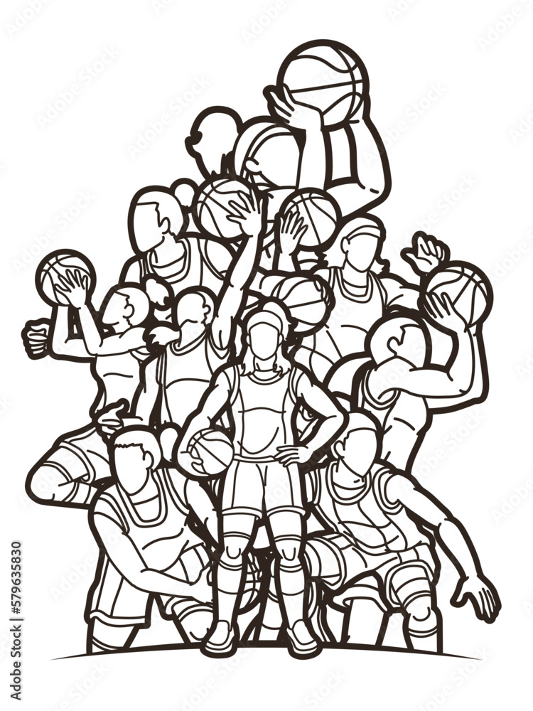 Group of Basketball Women Players Action Cartoon Sport  Team Graphic Vector
