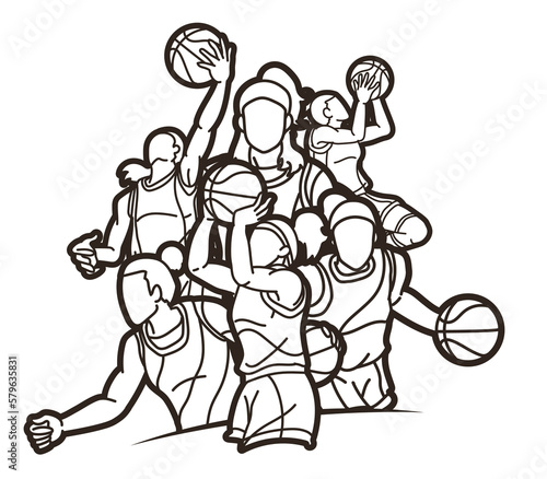 Group of Basketball Women Players Action Cartoon Sport  Team Graphic Vector