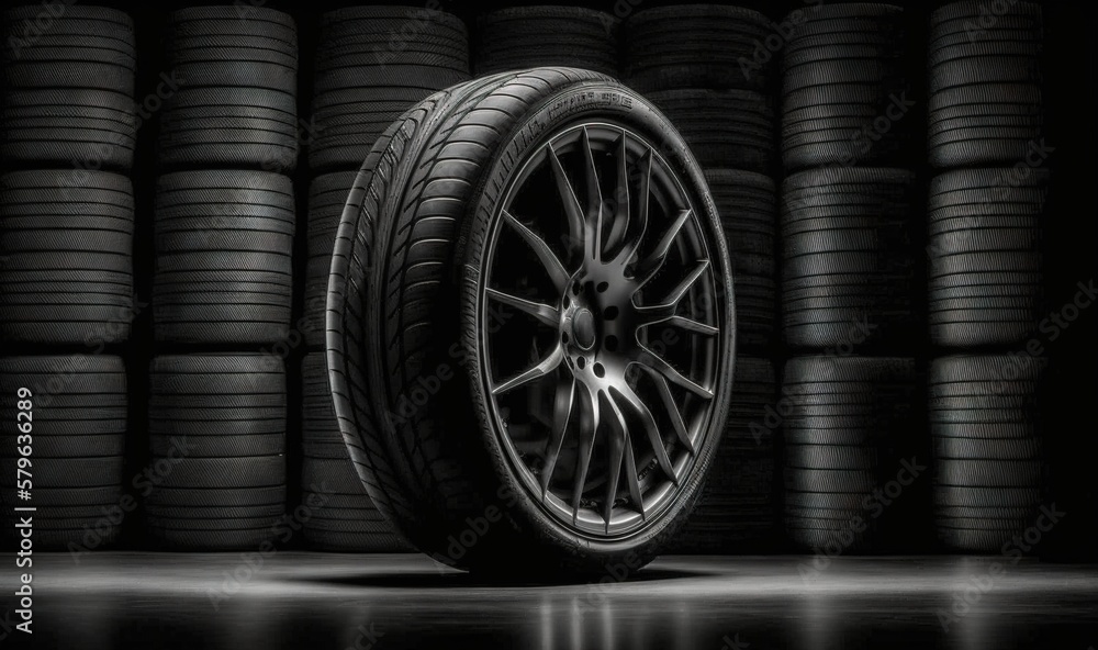 a tire on a black background with stacks of tires in the background of the photo and a reflection of the tire on the floor. generative ai a tire on a black background with stacks of tires in the background of the photo and a reflection of the tire on the floor. generative ai