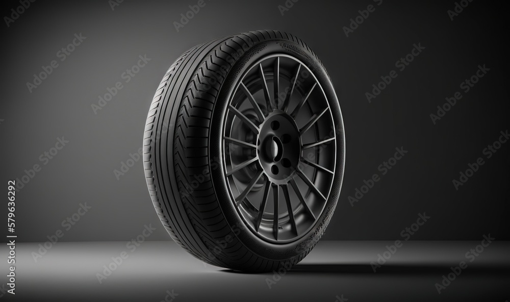  a tire on a black background with a shadow on the floor and a light on the wall behind it, with a spotlight on the floor.  generative ai
