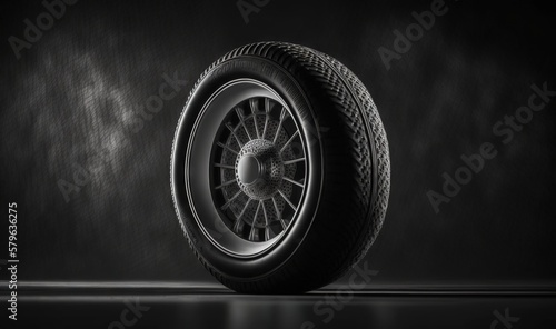  a black and white photo of a tire on a black background with a white spot in the middle of the tire is a black spot. generative ai