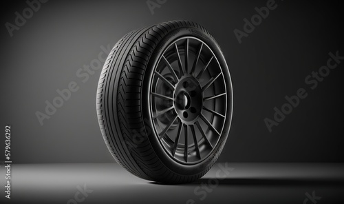  a tire on a black background with a shadow on the floor and a light on the wall behind it, with a spotlight on the floor. generative ai