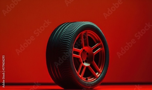  a tire on a red background with a red light in the middle of the tire is a tire with a spoke pattern on the rim. generative ai