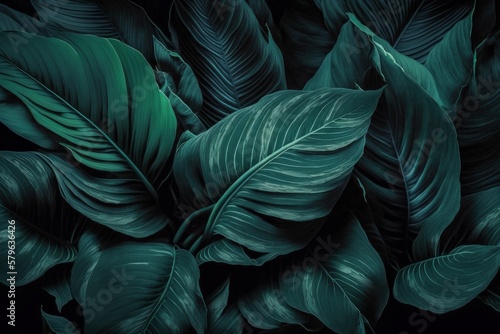 Discover the Serene Beauty of Spathiphyllum Cannifolium: A Tropical Leaf with Abstract Dark Green Texture, Generative AI. © ParinApril