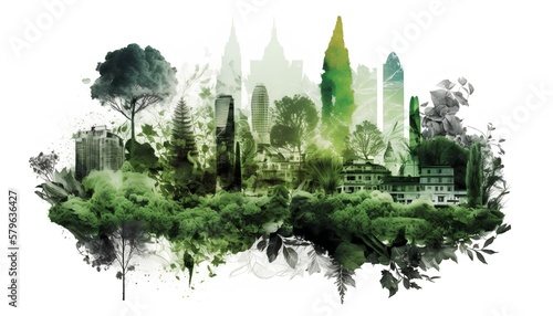 A cityscape collides with nature showcasing urban biodiversity. Generative AI