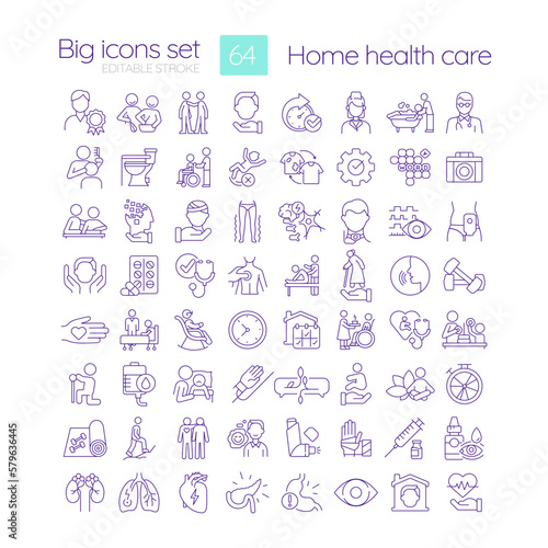 Home health care linear icons set. Medical services. Nursing and assistance for ill patients. Customizable thin line symbols. Isolated vector outline illustrations. Editable stroke