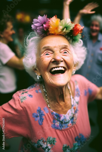 Happy old woman smiling. Portrait of a beautiful lady over 70 laughing with flowers on her head. Old granny grandmother woman. Concepts about the elderly. generative ai.