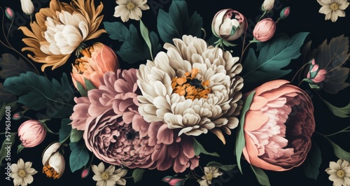 Fényképezés Embrace the Elegance of Baroque Style with Vintage Floral Bouquet on Black Background - Perfect for Wallpaper or Greeting Cards, Generative AI