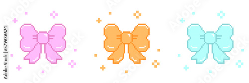 Ribbon in pixel art style, ribbon pixel art icon present bow with sparkle star pixel art
