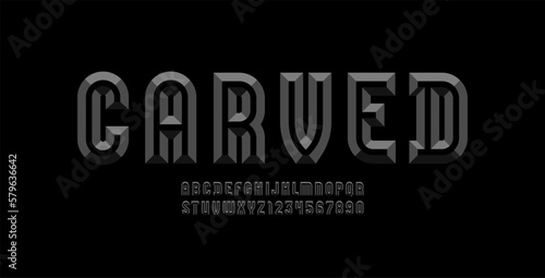 Alphabet from chiseled block, facet dark font, beveled letters and numerals