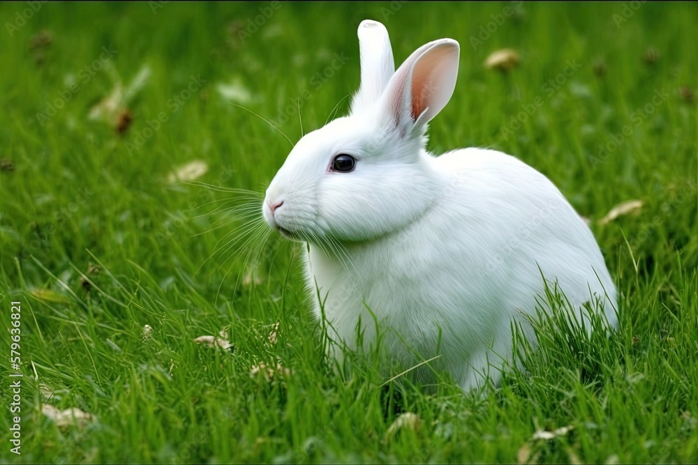 a white rabbit sitting in the grass looking at the camera with a curious look on its face and ears, with a green background of grass and leaves. generative ai a white rabbit sitting in the grass looking at the camera with a curious look on its face and ears, with a green background of grass and leaves. generative ai