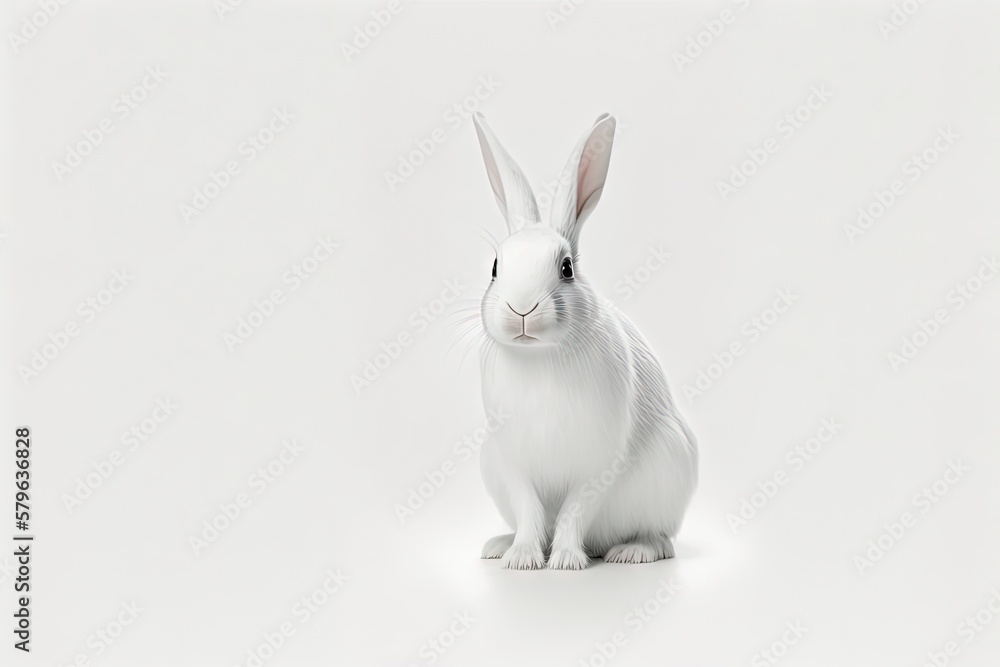 a white rabbit sitting on top of a white floor next to a white wall with a white background and a black and white photo of it's face. generative ai a white rabbit sitting on top of a white floor next to a white wall with a white background and a black and white photo of it's face. generative ai