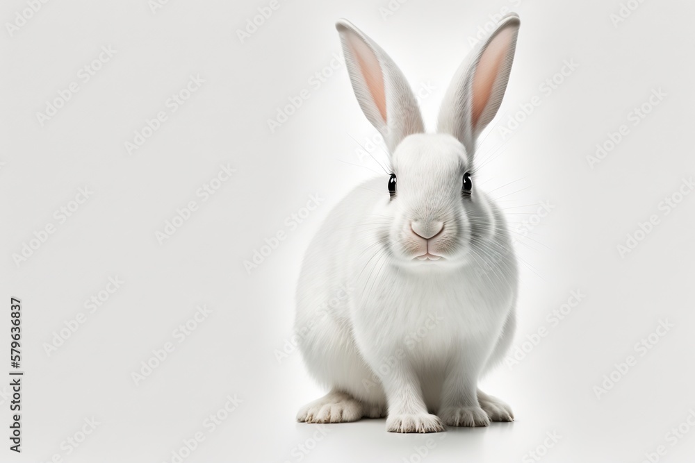  a white rabbit sitting on top of a white floor next to a white wall and a white wall behind it is a white background with a white background.  generative ai