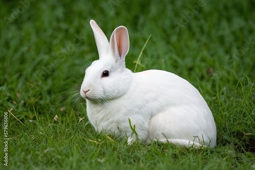  a white rabbit sitting in the grass looking at the camera with a sad look on its face and ears, with a green background of grass and grass.  generative ai