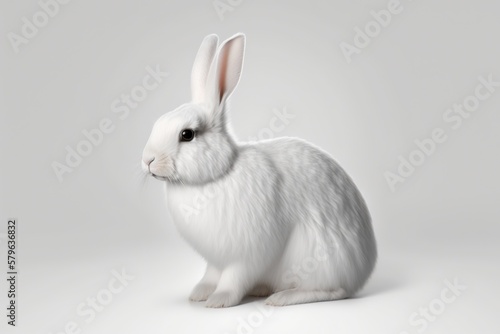  a white rabbit sitting on top of a white floor next to a white wall with a black eye and a white background with a white background.  generative ai © Shanti