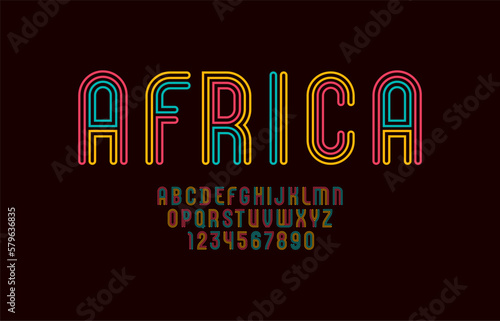 Ethno striped font, the alphabet of linear style, capital Latin letters from A to Z and Arab numbers from 0 to 9 made in African color style, vector illustration 10EPS