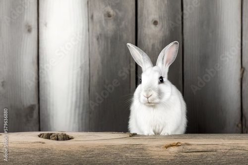 a white rabbit sitting on top of a wooden table next to a wooden fence and a wooden wall behind it is a hole in the ground. generative ai