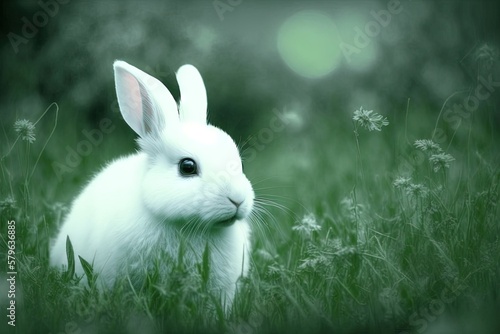  a white rabbit sitting in a field of grass and daisies with a green and black background and a blurry photo of the rabbit s face.  generative ai