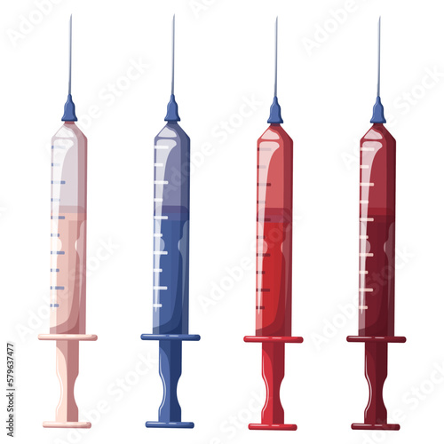 Set of syringes. Medicine, pharmacy and healthcare concept. Isolated vector illustration for flyer, poster, banner.