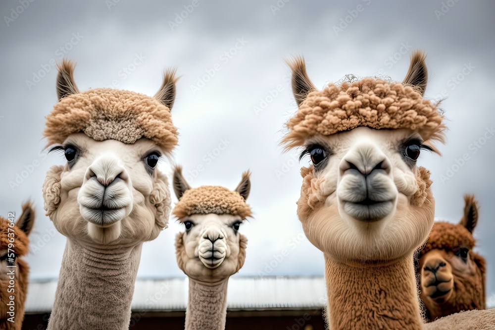Funny Close-up Shots of Alpacas. Photo generative AI