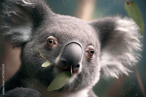 Portrait of Koala Bear Eating Leaf. Photo generative AI photo