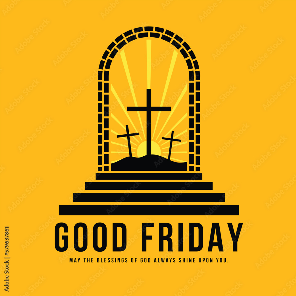 Good friday - Black three cross and sunlight looking out from door on yellow background vector design Good friday - Black three cross and sunlight looking out from door on yellow background vector design