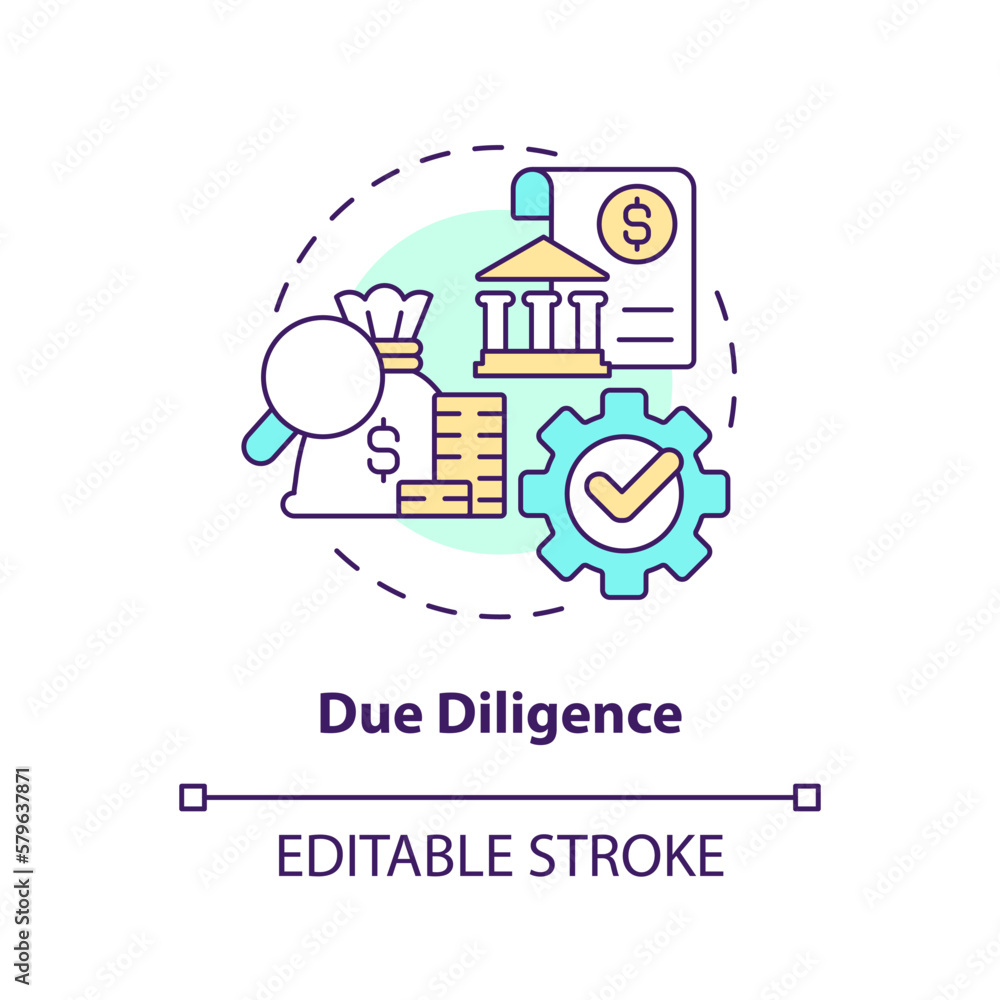 Due diligence concept icon. IT firm development. Venture capital financing benefit abstract idea thin line illustration. Isolated outline drawing. Editable stroke. Arial, Myriad Pro-Bold fonts used