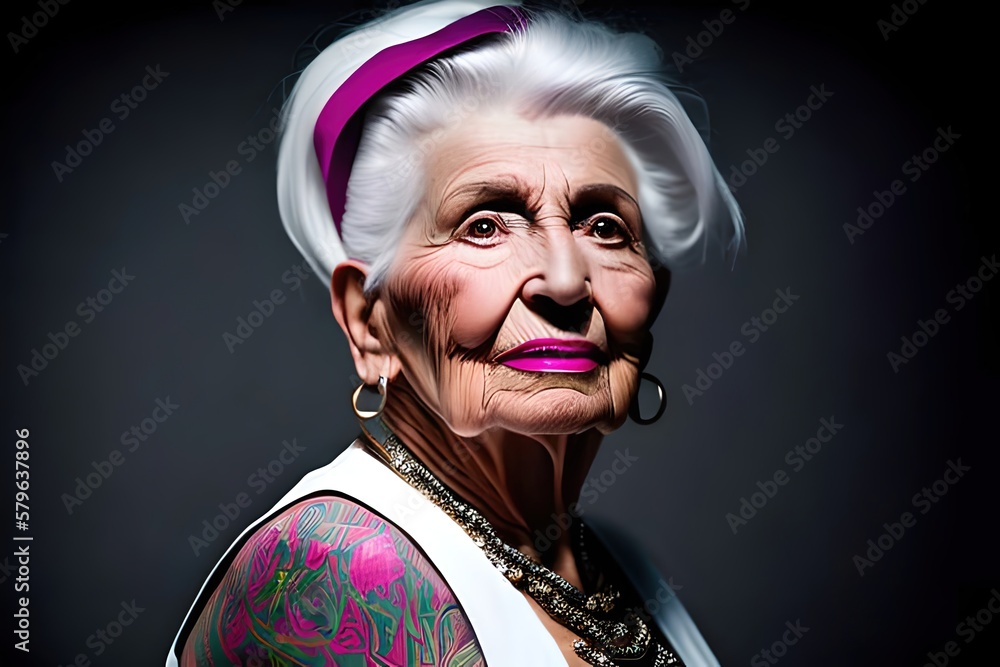 Portrait of a beautiful old lady over 70 modern with tattoos. Concepts