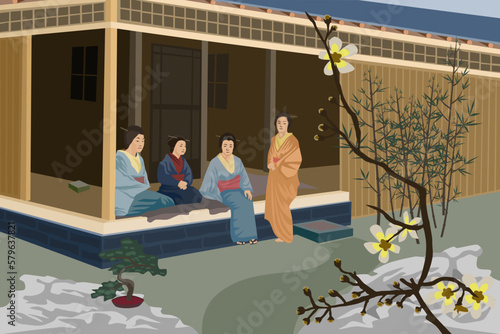 Japan women in teahouse retro illustration of old Japanese culture including bonsai
