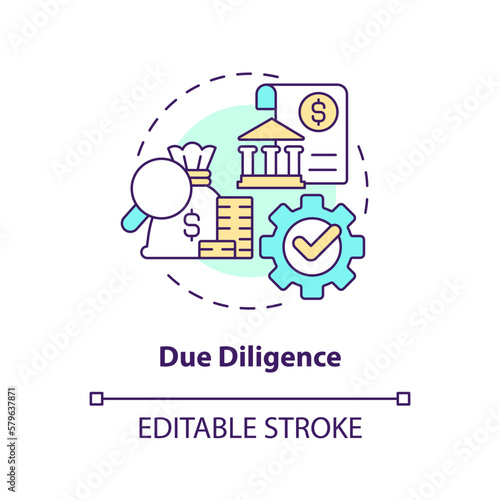 Due diligence concept icon. IT firm development. Venture capital financing benefit abstract idea thin line illustration. Isolated outline drawing. Editable stroke. Arial, Myriad Pro-Bold fonts used