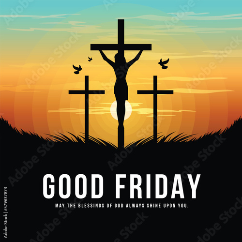 Good friday - Silhouette Black three cross with jesus christ crucified on the cross and sunlight vector design