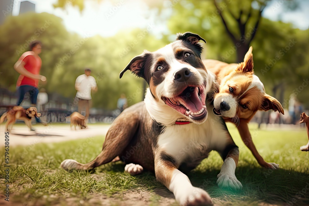 Dogs playing in park. Photo generative AI Dogs playing in park. Photo generative AI