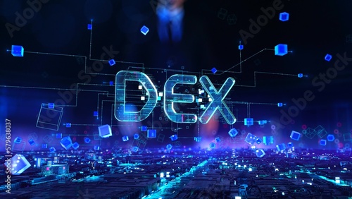 Dex - businessman working and touching with augmented virtual reality at night office.