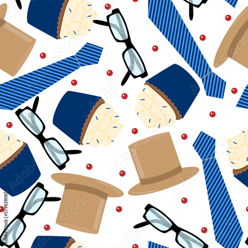 Seamless pattern of Father's Day. Glasses, tie, hat, cupcake. Vector illustraiton. Pattern for man.