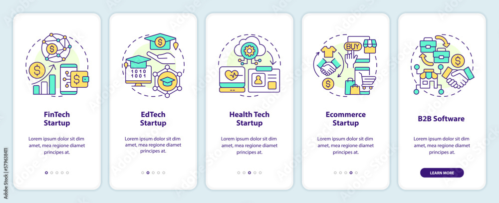 Best startup industries onboarding mobile app screen. IT funding walkthrough 5 steps editable graphic instructions with linear concepts. UI, UX, GUI template. Myriad Pro-Bold, Regular fonts used