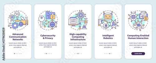 Governmental IT funding onboarding mobile app screen. Finance walkthrough 5 steps editable graphic instructions with linear concepts. UI, UX, GUI template. Myriad Pro-Bold, Regular fonts used