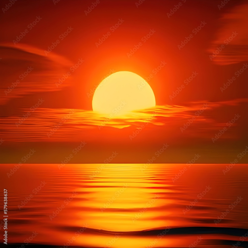 Fototapeta premium Orange landscape illustration. Sun at sunset. Ai generative.