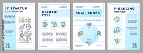 IT startup fundraising blue gradient brochure template. Leaflet design with linear icons. 4 vector layouts for presentation, annual reports. Arial-Bold, Myriad Pro-Regular fonts used