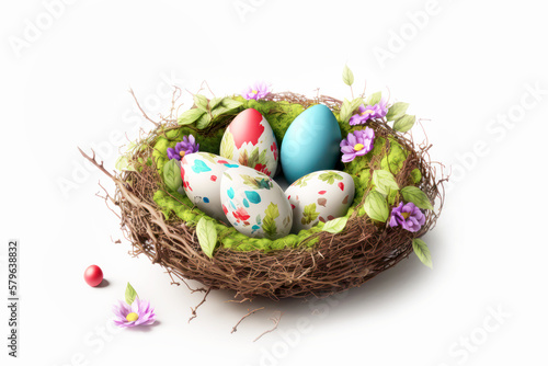 Wallpaper Mural Colorful Easter Eggs in nest on white background. Promotion sale or greeting card with copy space created with AI generative technology. Torontodigital.ca