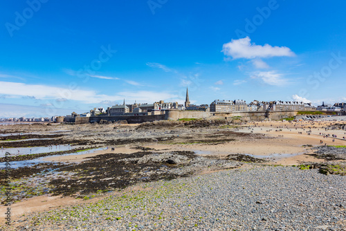 view of the city of Saint Malo from one of the islets at low tide, France