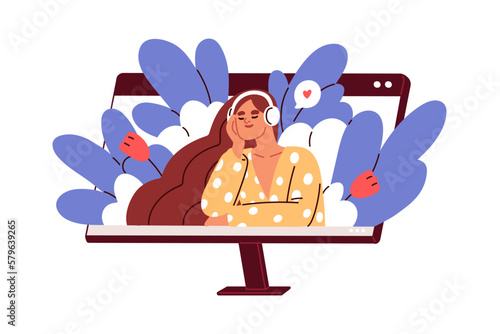 Happy girl in headphones listening to music. Young woman resting in headset enjoying relaxing sounds, audio, song. Relaxation melodies playlist. Flat vector illustration isolated on white background