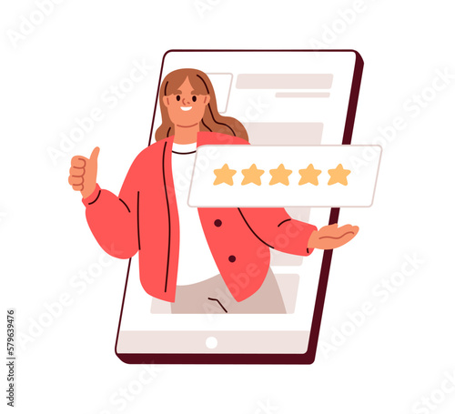 Feedback, customers review, positive user experience concept. 5 stars rating of mobile app, online service satisfaction. Happy client in internet. Flat vector illustration isolated on white background