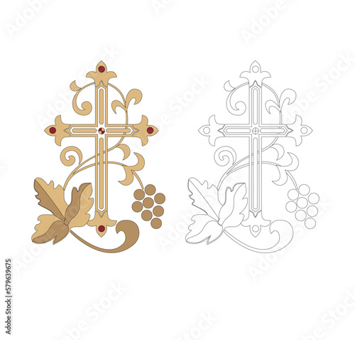 IHS GOLD EMBROIDERY FOR LITURGICAL CLOTHES AND SACRED CEREMONIES. SACRED CATHOLIC SYMBOLS IN ANCIENT STYLE WITH GOLDEN DECORATIONS