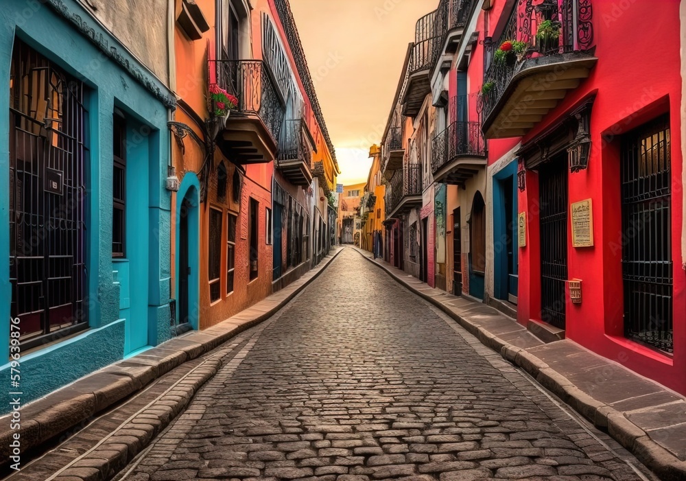 Mexican street, Guanajuato, Narrow street country, Street in the town, Mexican Downtown, old street in the town country, Mexican town, Generative AI