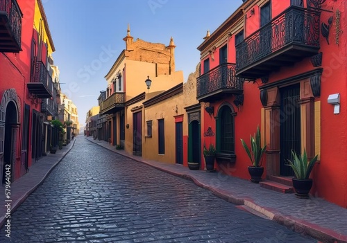 Mexican street, Guanajuato, Narrow street country, Street in the town, Mexican Downtown, old street in the town country, Mexican town, Generative AI © Senze Media