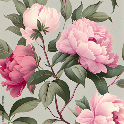 Watercolor seamless pattern with pink peonies and green leaves on a pink background. Hand drawing. For textiles, wrapping paper, wedding design, invitations, scrapbooking, wallpaper.