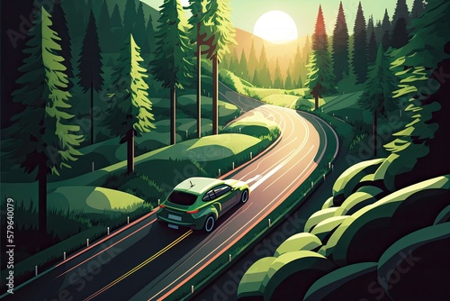 Sunrise scene with a green car driving on a curvy road through a dense forest.