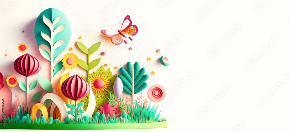 Paper flowers for Spring is coming background, Women's Day, Mother's day, 8 March. Summer AI generative illustration.