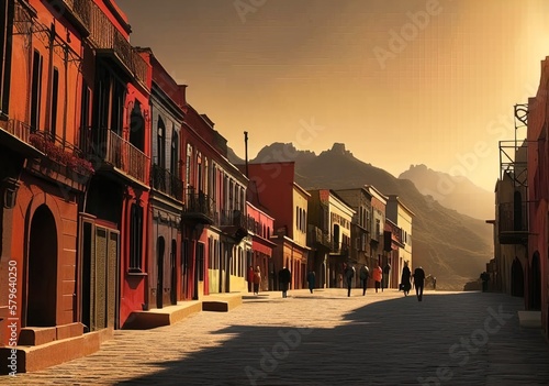 Mexican street, Guanajuato, Narrow street country, Street in the town, Mexican Downtown, old street in the town country, Mexican town, Generative AI